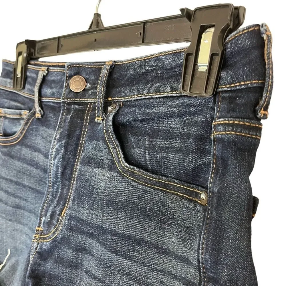 AMERICAN EAGLE SUPER HI RISE SHORTIE Raw Hem Cut Offs Dark Distressed Shorts 4